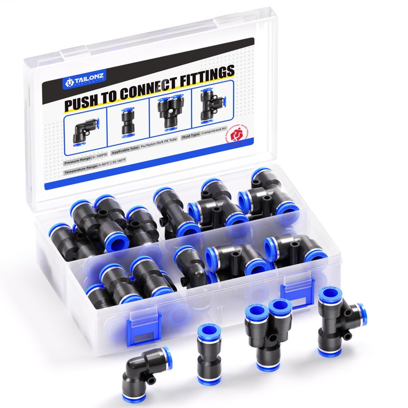TAILONZ PNEUMATIC 12mm od Push to Connect Fittings Pneumatic Fittings Kit 5 Spliters+5 Elbows+5 tee+5 Straight (20 pcs) - Image 1